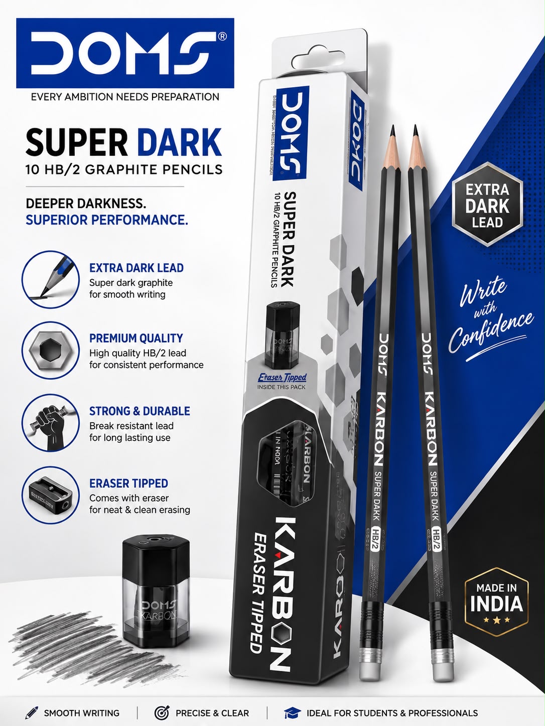 DOMS SUPER DARK 10 HB/2 GRAPHITE PENCILS KARBON ERASER TIPPED