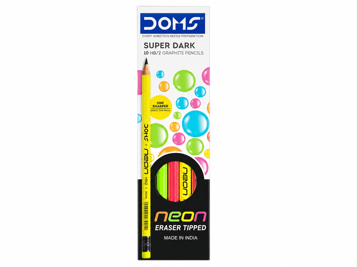 DOMS NEON ERASER TIPPED SUPER DARK 10 HB/2 GRAPHITE PENCILS