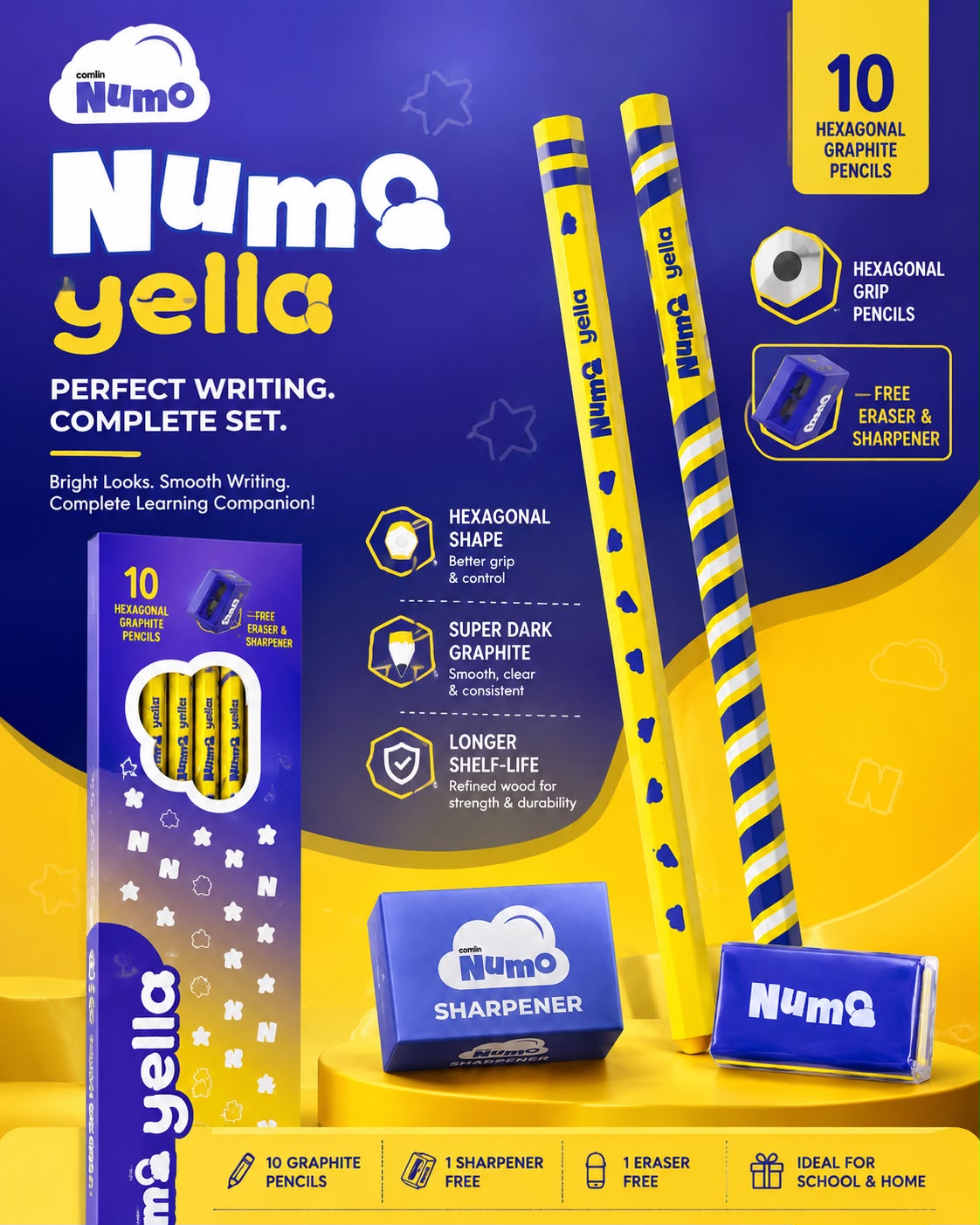 CAMLIN NUMO YELLA 10 HEXAGONAL GRIP PENCILS