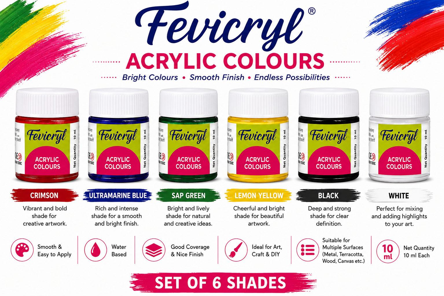 Fevicryl Acrylic Colours – Set of 6 Shades thumbnail 2